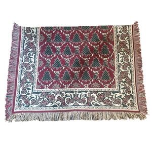 Fieldcrest Christmas Woven Tapestry Throw Blanket Holly & Berries Cotton Fringe